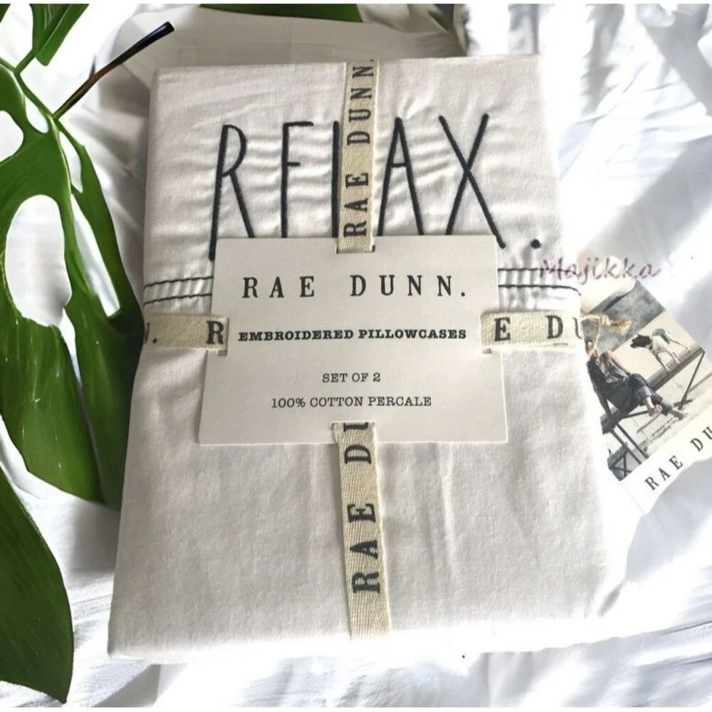 Rae Dunn Pillowcases Relax Embroidered Standard White Cotton Percale Set of 2